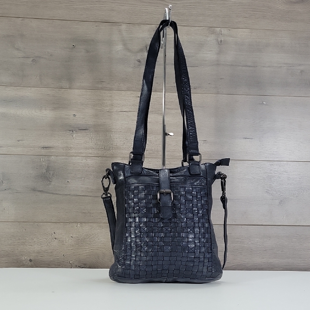 Ashwood Navy Blue Woven Leather Shoulder Bag